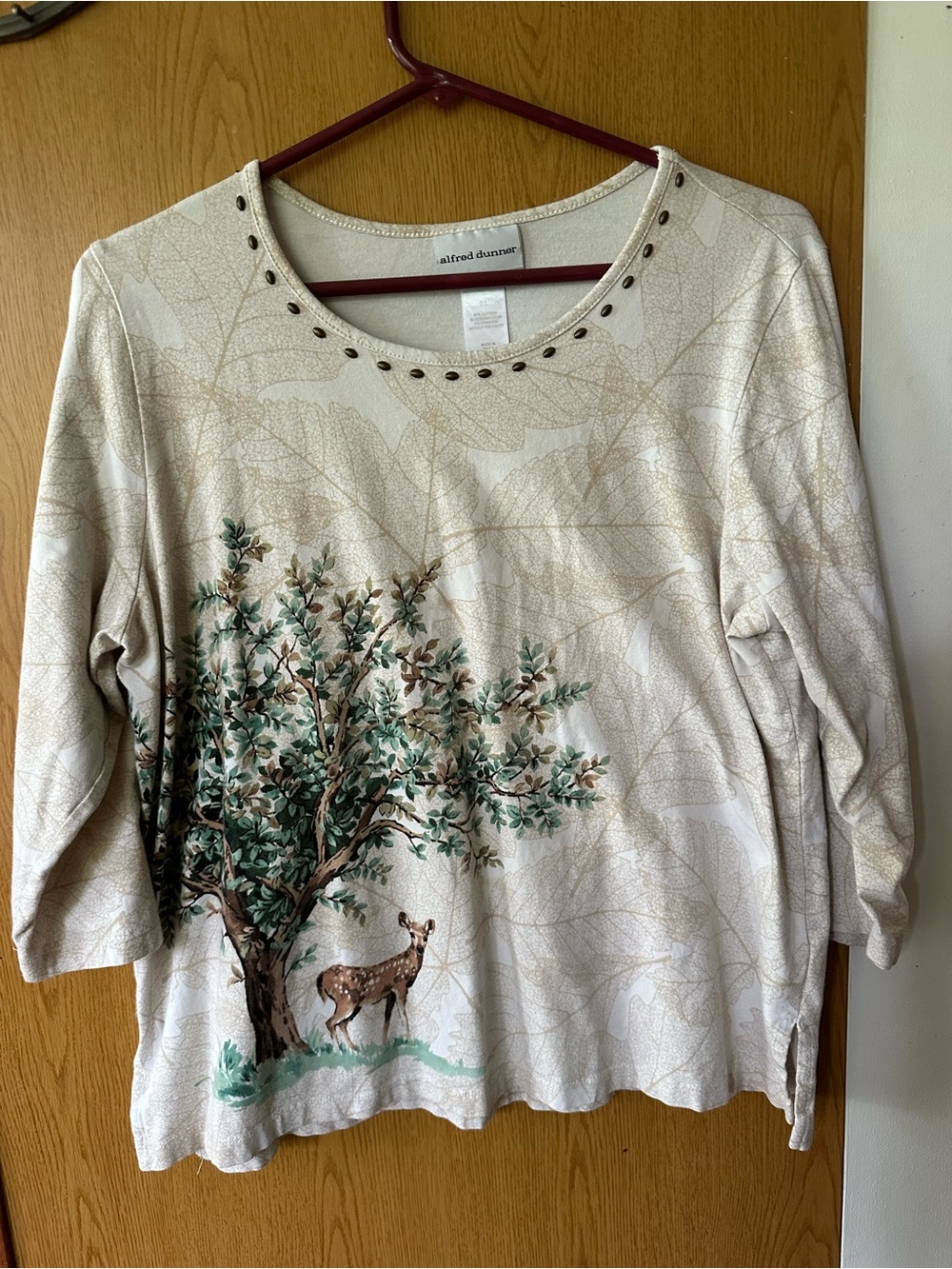 Alfred Dunner Cream Scoop Neck Top with Green Tree & Brown Deer Print